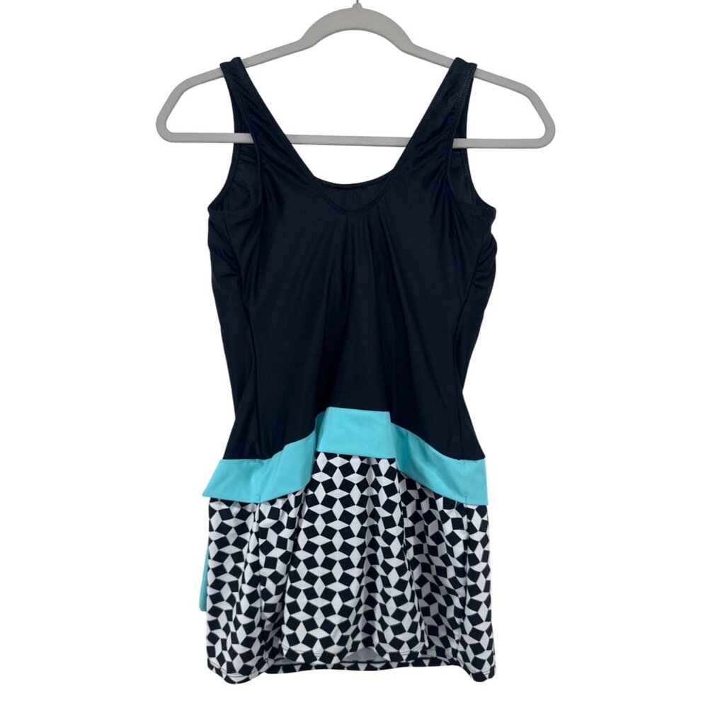 Venus Women Swimsuit Sz 10 Black/Aqua Retro CottageCore Skirt Mixed Media Belted - Picture 2 of 7
